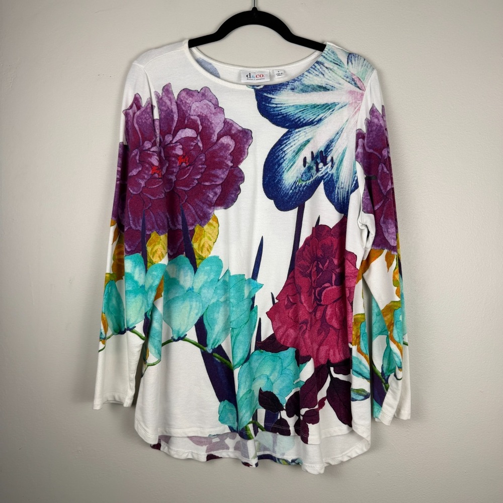 Denim & Co. Blouse Women's Large White Multi Floral Print Round Neck Pullover